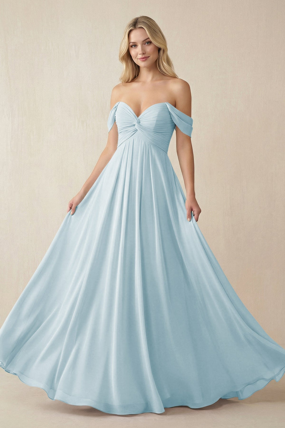 Off - the - Shoulder Chiffon A - Line Long Bridesmaid Dress in Sky Blue - KissProm Bridesmaid Dresses