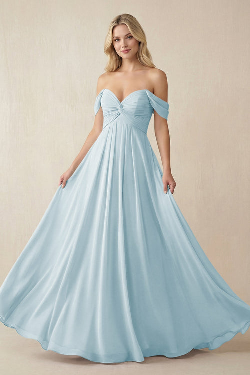 Off - the - Shoulder Chiffon A - Line Long Bridesmaid Dress in Sky Blue - KissProm Bridesmaid Dresses