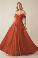 Off - the - Shoulder Chiffon A - Line Long Bridesmaid Dress in Spice - KissProm Bridesmaid Dresses