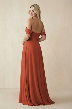 Off - the - Shoulder Chiffon A - Line Long Bridesmaid Dress in Spice - KissProm Bridesmaid Dresses