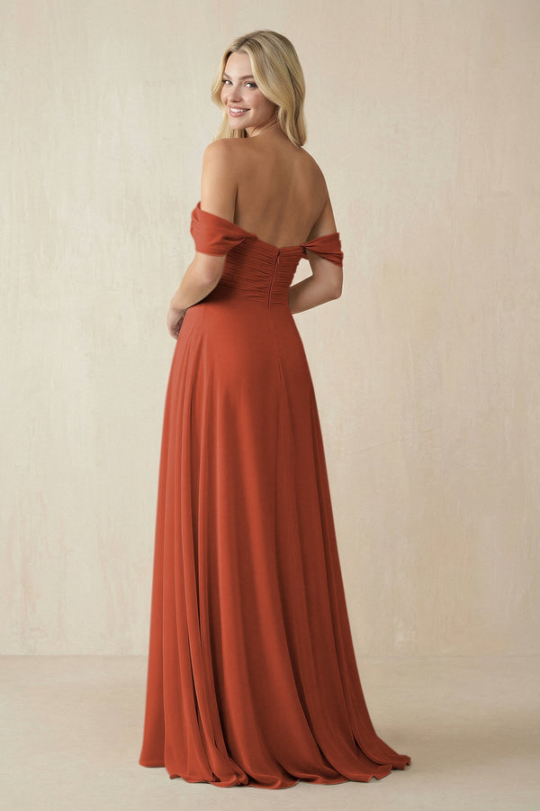 Off - the - Shoulder Chiffon A - Line Long Bridesmaid Dress in Spice - KissProm Bridesmaid Dresses