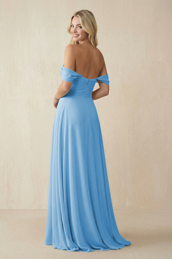 Off-the-Shoulder Chiffon A-Line Long Bridesmaid Dress in Steel Blue, Steel Blue / 2 Off-the-Shoulder Chiffon A-Line Long Bridesmaid Dress in Steel Blue, Steel Blue / 2