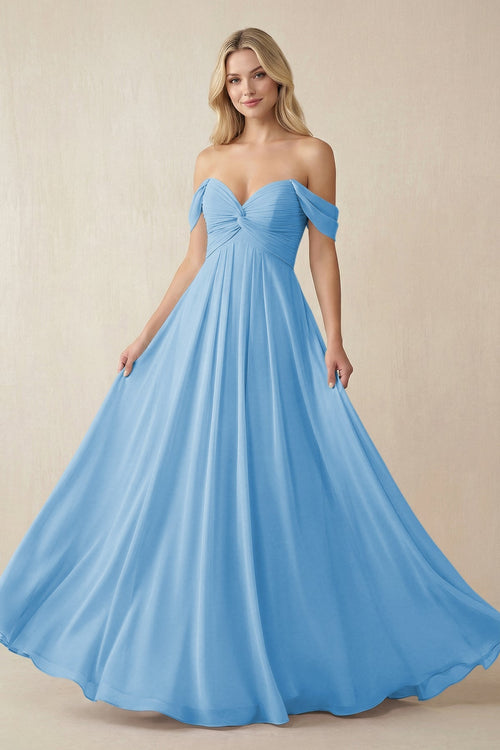 Off-the-Shoulder Chiffon A-Line Long Bridesmaid Dress in Steel Blue, Steel Blue / 30