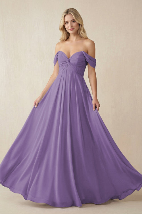 Off - the - Shoulder Chiffon A - Line Long Bridesmaid Dress in Tahiti - KissProm Bridesmaid Dresses