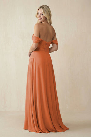 Off - the - Shoulder Chiffon A - Line Long Bridesmaid Dress in Terracotta - KissProm Bridesmaid Dresses