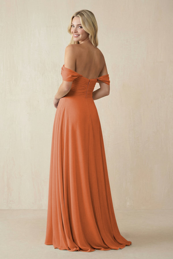 Off - the - Shoulder Chiffon A - Line Long Bridesmaid Dress in Terracotta - KissProm Bridesmaid Dresses