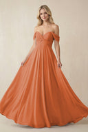 Off - the - Shoulder Chiffon A - Line Long Bridesmaid Dress in Terracotta - KissProm Bridesmaid Dresses