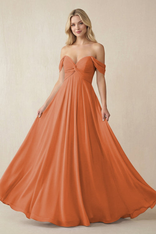 Off - the - Shoulder Chiffon A - Line Long Bridesmaid Dress in Terracotta - KissProm Bridesmaid Dresses
