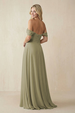 Off - the - Shoulder Chiffon A - Line Long Bridesmaid Dress in Thyme - KissProm Bridesmaid Dresses