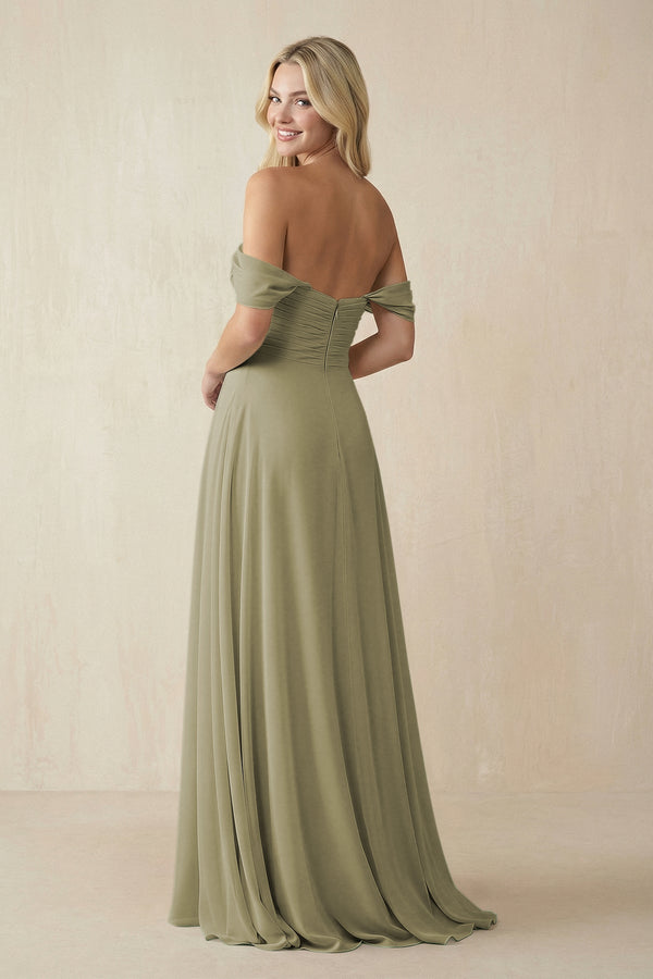 Off - the - Shoulder Chiffon A - Line Long Bridesmaid Dress in Thyme - KissProm Bridesmaid Dresses