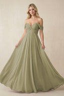 Off - the - Shoulder Chiffon A - Line Long Bridesmaid Dress in Thyme - KissProm Bridesmaid Dresses