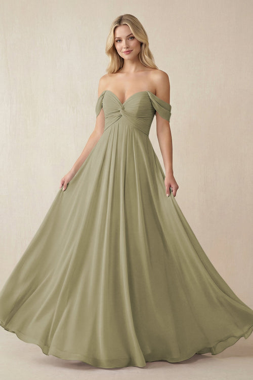 Off - the - Shoulder Chiffon A - Line Long Bridesmaid Dress in Thyme - KissProm Bridesmaid Dresses