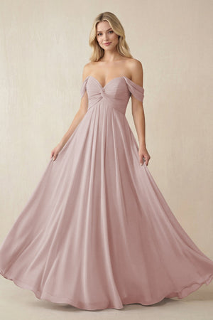Off - the - Shoulder Chiffon A - Line Long Bridesmaid Dress in Toffee - KissProm Bridesmaid Dresses