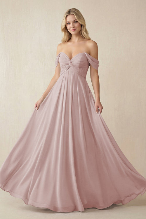 Off - the - Shoulder Chiffon A - Line Long Bridesmaid Dress in Toffee - KissProm Bridesmaid Dresses