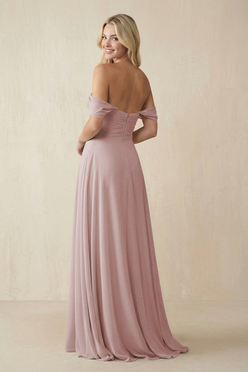 Off - the - Shoulder Chiffon A - Line Long Bridesmaid Dress in Toffee - KissProm Bridesmaid Dresses