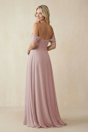 Off - the - Shoulder Chiffon A - Line Long Bridesmaid Dress in Toffee - KissProm Bridesmaid Dresses