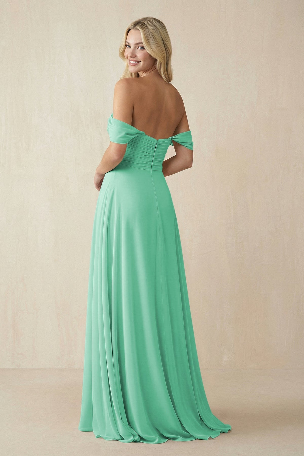 Off - the - Shoulder Chiffon A - Line Long Bridesmaid Dress in Turquoise - KissProm Bridesmaid Dresses