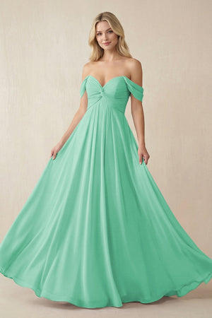 Off - the - Shoulder Chiffon A - Line Long Bridesmaid Dress in Turquoise - KissProm Bridesmaid Dresses