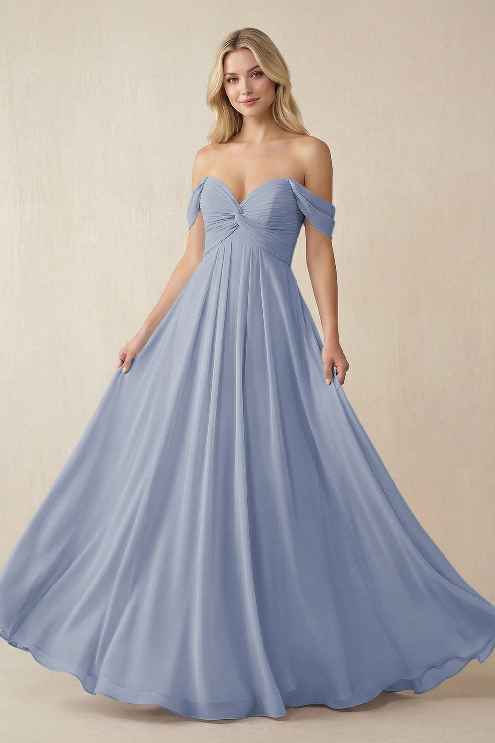 Off - the - Shoulder Chiffon A - Line Long Bridesmaid Dress in Twilight - KissProm Bridesmaid Dresses