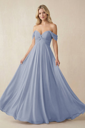 Off - the - Shoulder Chiffon A - Line Long Bridesmaid Dress in Twilight - KissProm Bridesmaid Dresses