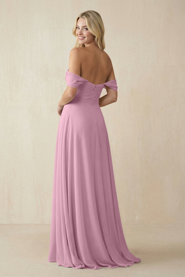 Off - the - Shoulder Chiffon A - Line Long Bridesmaid Dress in Vintage Mauve - KissProm Bridesmaid Dresses