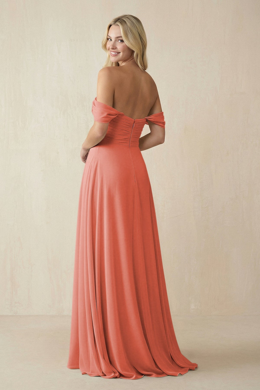 Off - the - Shoulder Chiffon A - Line Long Bridesmaid Dress in Wild Rose - KissProm Bridesmaid Dresses