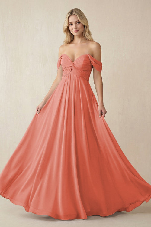 KissProm Off-the-Shoulder Chiffon A-Line Long Bridesmaid Dress in Wild Rose, Wild Rose / 10