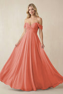 Off - the - Shoulder Chiffon A - Line Long Bridesmaid Dress in Wild Rose - KissProm Bridesmaid Dresses