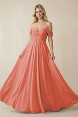 Off - the - Shoulder Chiffon A - Line Long Bridesmaid Dress in Wild Rose - KissProm Bridesmaid Dresses