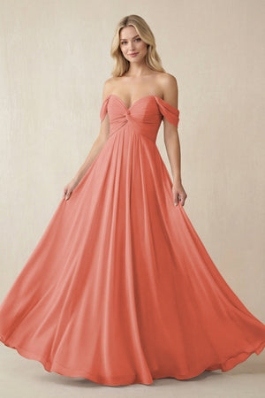 Off - the - Shoulder Chiffon A - Line Long Bridesmaid Dress in Wild Rose - KissProm Bridesmaid Dresses
