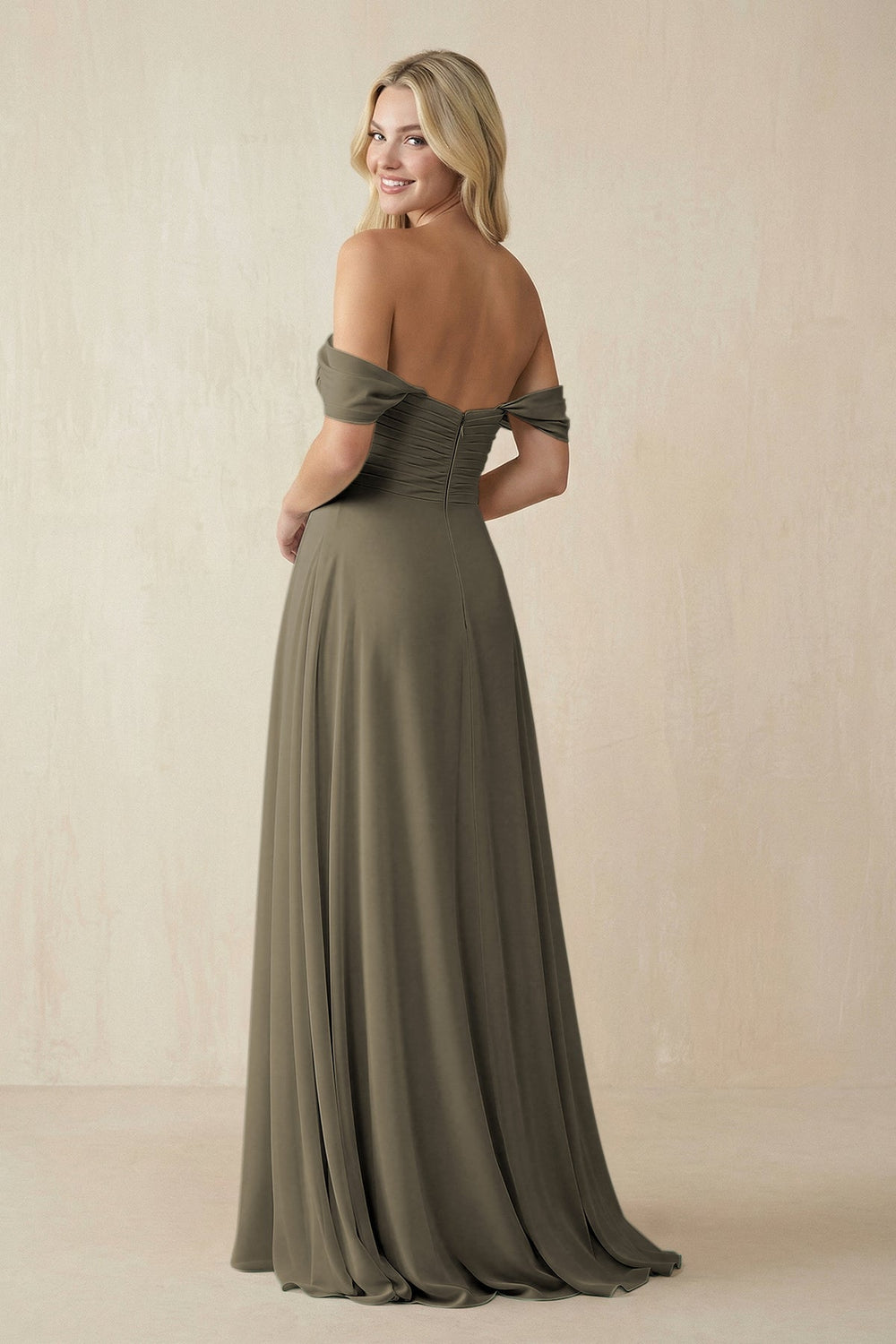 Off - the - Shoulder Chiffon A - Line Long Bridesmaid Dress in Willow Green - KissProm Bridesmaid Dresses
