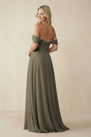 Off - the - Shoulder Chiffon A - Line Long Bridesmaid Dress in Willow Green - KissProm Bridesmaid Dresses