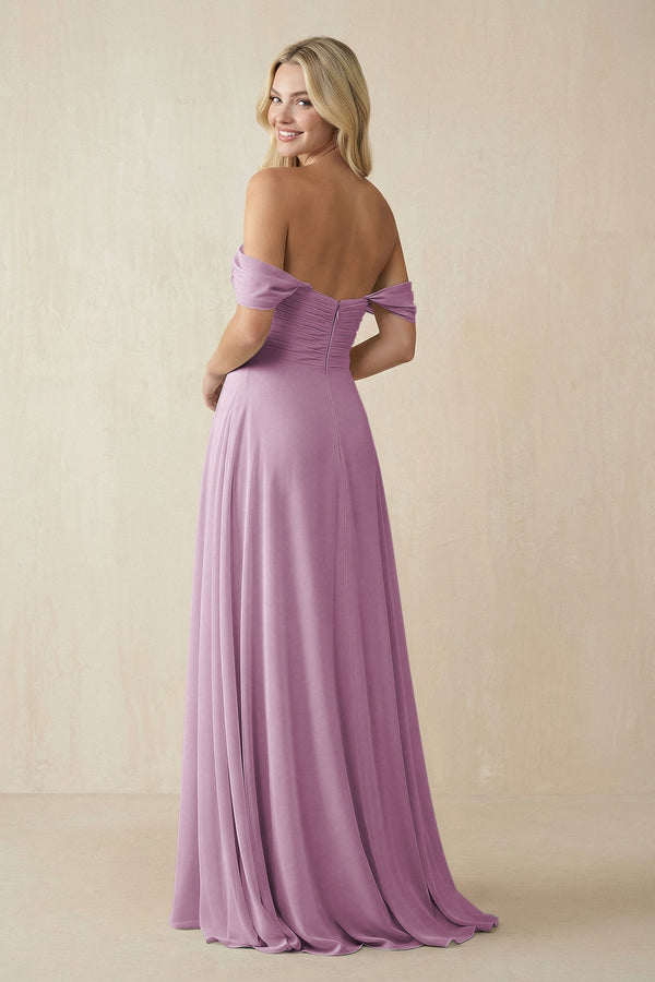 Off - the - Shoulder Chiffon A - Line Long Bridesmaid Dress in Wisteria - KissProm Bridesmaid Dresses