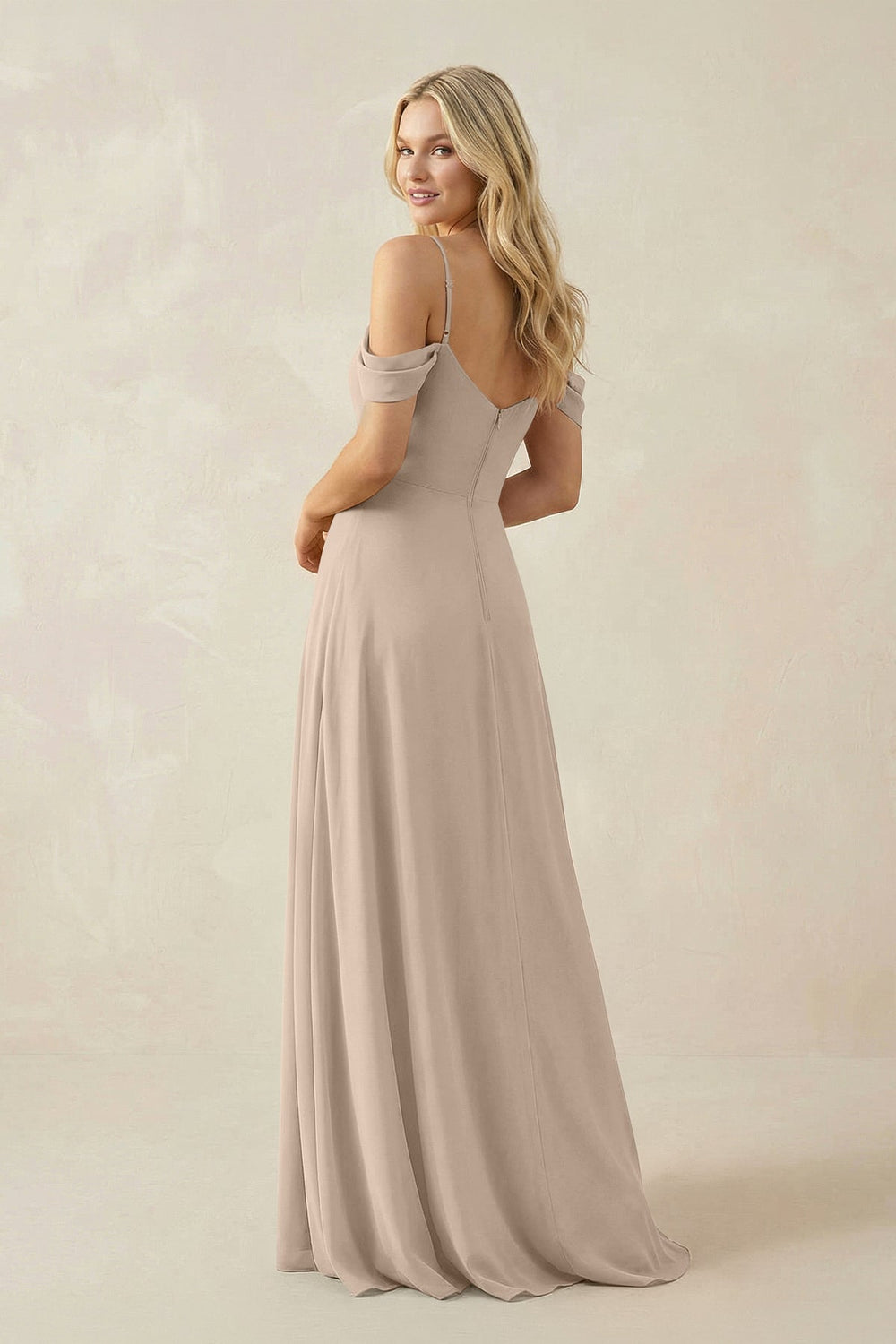 Off - the - Shoulder Chiffon A - Line Maxi Bridesmaid Dress in Almond - KissProm Bridesmaid Dresses