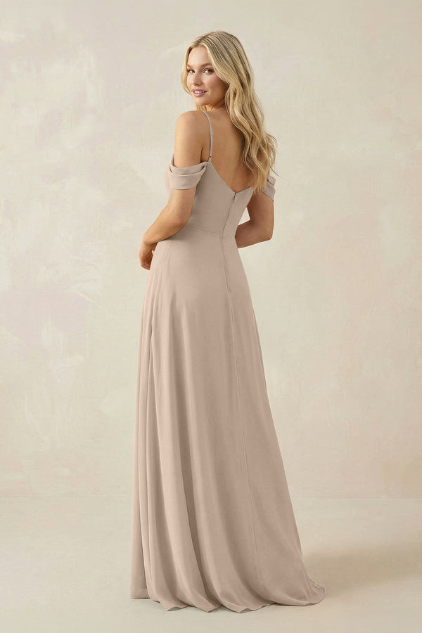 Off - the - Shoulder Chiffon A - Line Maxi Bridesmaid Dress in Almond - KissProm Bridesmaid Dresses