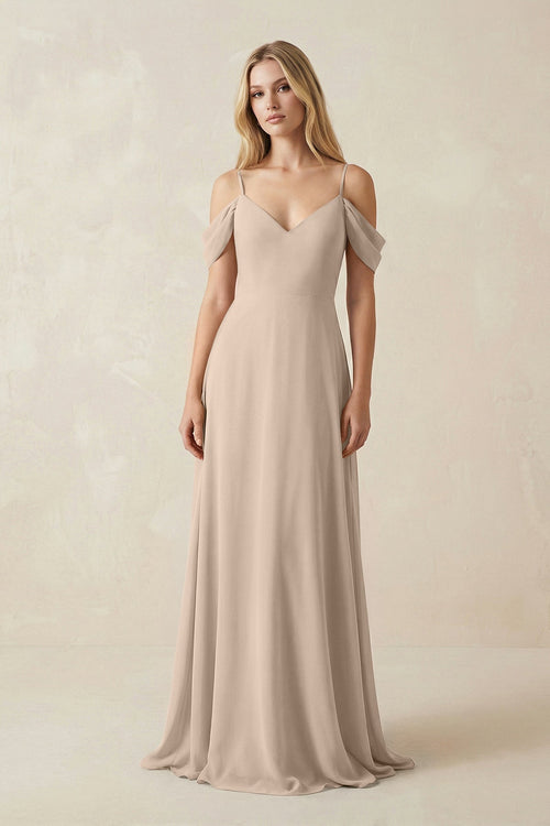 Off - the - Shoulder Chiffon A - Line Maxi Bridesmaid Dress in Almond - KissProm Bridesmaid Dresses