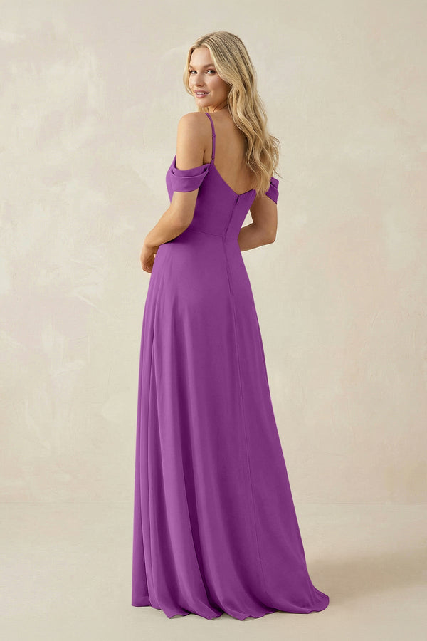 Off - the - Shoulder Chiffon A - Line Maxi Bridesmaid Dress in Amethyst - KissProm Bridesmaid Dresses