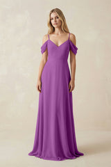 Off - the - Shoulder Chiffon A - Line Maxi Bridesmaid Dress in Amethyst - KissProm Bridesmaid Dresses