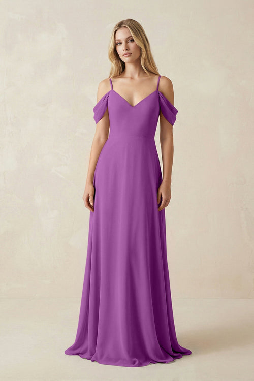 Off - the - Shoulder Chiffon A - Line Maxi Bridesmaid Dress in Amethyst - KissProm Bridesmaid Dresses