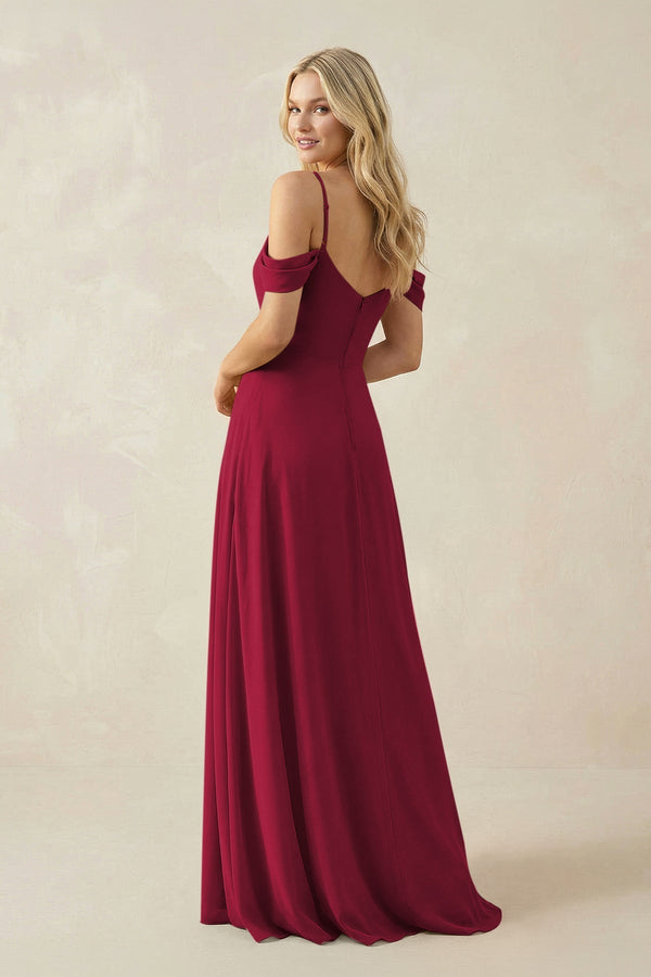 Off - the - Shoulder Chiffon A - Line Maxi Bridesmaid Dress in Berry - KissProm Bridesmaid Dresses