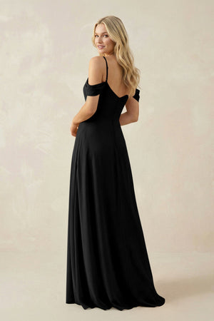 Off - the - Shoulder Chiffon A - Line Maxi Bridesmaid Dress in Black - KissProm Bridesmaid Dresses