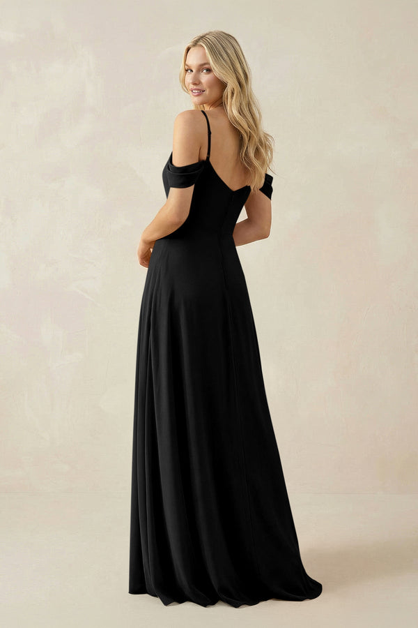 Off - the - Shoulder Chiffon A - Line Maxi Bridesmaid Dress in Black - KissProm Bridesmaid Dresses