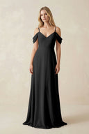 Off - the - Shoulder Chiffon A - Line Maxi Bridesmaid Dress in Black - KissProm Bridesmaid Dresses
