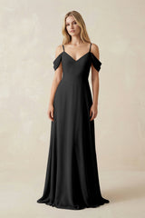 Off - the - Shoulder Chiffon A - Line Maxi Bridesmaid Dress in Black - KissProm Bridesmaid Dresses