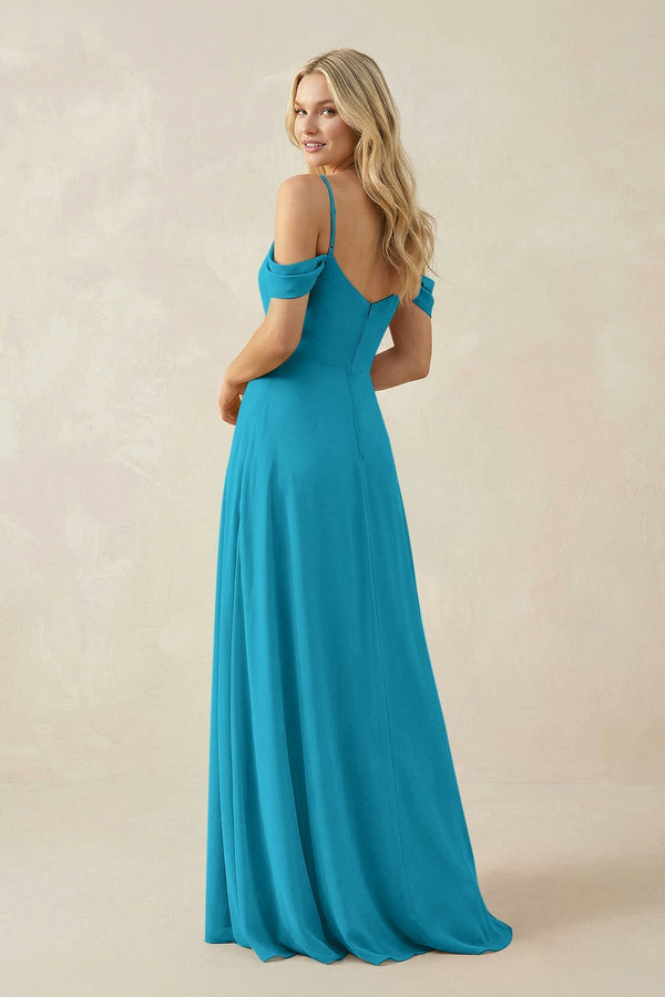 Off - the - Shoulder Chiffon A - Line Maxi Bridesmaid Dress in Blue Jay - KissProm Bridesmaid Dresses