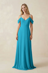 Off - the - Shoulder Chiffon A - Line Maxi Bridesmaid Dress in Blue Jay - KissProm Bridesmaid Dresses