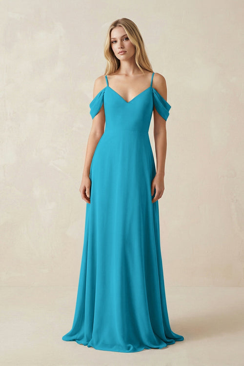 Off - the - Shoulder Chiffon A - Line Maxi Bridesmaid Dress in Blue Jay - KissProm Bridesmaid Dresses