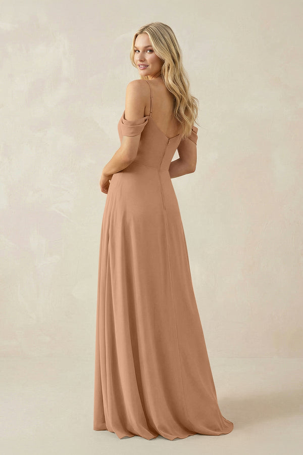 Off - the - Shoulder Chiffon A - Line Maxi Bridesmaid Dress in Bronzer - KissProm Bridesmaid Dresses