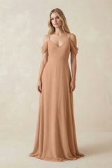 Off - the - Shoulder Chiffon A - Line Maxi Bridesmaid Dress in Bronzer - KissProm Bridesmaid Dresses