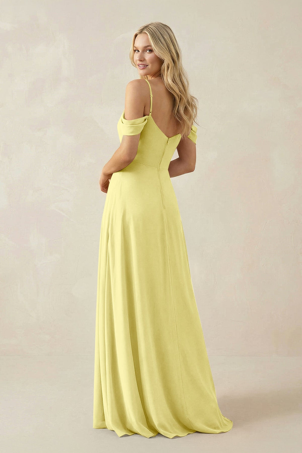 Off - the - Shoulder Chiffon A - Line Maxi Bridesmaid Dress in Buttercup - KissProm Bridesmaid Dresses